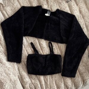Black Fuzzy Cropped Tank with Thin Straps and matching Bolero.